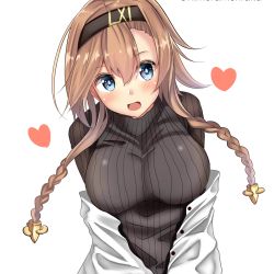 Rule 34 | 1girl, absurdres, alternate costume, black headband, black sweater, braid, commentary request, grey eyes, hair ornament, headband, heart, highres, himura moritaka, jacket, kantai collection, light brown hair, long hair, looking at viewer, propeller hair ornament, simple background, solo, sweater, teruzuki (kancolle), translation request, twin braids, upper body, white background, white jacket
