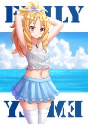 Rule 34 | 10s, 1girl, adjusting hair, armpits, arms behind head, arms up, bare arms, bare shoulders, blonde hair, blue skirt, blue sky, blush, bow, camisole, casual, closed mouth, collarbone, cowboy shot, day, drill hair, eromanga sensei, hair bow, hands in hair, highres, horizon, jewelry, kazenokaze, long hair, looking at viewer, midriff, navel, necklace, ocean, outdoors, parted bangs, pendant, pointy ears, ponytail, red eyes, skindentation, skirt, sky, sleeveless, solo, spoilers, standing, stomach, tareme, thighhighs, twin drills, water, white thighhighs, yamada elf, zettai ryouiki