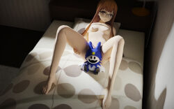 Rule 34 | 3d, absurdres, bed, breasts, censored, character doll, convenient censoring, feet, glasses, grabbing own thigh, highres, hime cut, jack frost (megami tensei), long hair, lying, nipples, nude, on back, orange hair, persona, persona 5, pillow, pov, sakura futaba, shin megami tensei, small breasts, stuffed toy, thigh grab