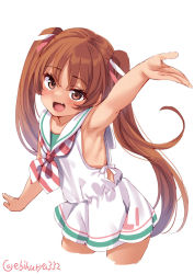Rule 34 | 1girl, :d, arm up, armpits, blush, brown eyes, brown hair, cropped legs, dress, ebifurya, fang, highres, kantai collection, libeccio (kancolle), long hair, neckerchief, open mouth, ribcage, ribs, sailor collar, sailor dress, simple background, sleeveless, sleeveless dress, smile, solo, twintails, twitter username, white background, white dress, white sailor collar