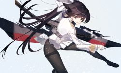 Rule 34 | 1girl, azur lane, black hair, bow, brown eyes, buttons, commentary request, detached sleeves, gloves, hair bow, highres, katana, loafers, long hair, long sleeves, looking at viewer, machinery, military, military uniform, nakamura takeshi, open mouth, panties, panties under pantyhose, pantyhose, pleated skirt, ponytail, sheath, sheathed, shoes, simple background, skirt, snow, solo, sword, takao (azur lane), turret, underwear, uniform, weapon, white bow, white gloves