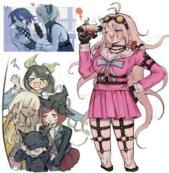 &gt;o&lt; 3boys 5girls ahoge black_hair blonde_hair blue_eyes blunt_bangs blush breasts chabashira_tenko chibi choker closed_eyes commentary danganronpa_(series) danganronpa_v3:_killing_harmony dark-skinned_female dark_skin eyelashes fingerless_gloves flipped_hair full-face_blush giant giantess gloves goggles goggles_on_head hair_between_eyes hair_ornament hand_on_own_hip harness highres holding hoshi_ryoma iruma_miu jacket k1-b0 long_hair long_sleeves looking_at_another low_twintails maid mole mole_under_mouth morning_(d0nteat) multiple_boys multiple_girls o-ring o-ring_harness oma_kokichi one_eye_closed open_mouth pleated_skirt purple_eyes purple_hair red_eyes red_hair shirt short_hair simple_background skindentation skirt smile smug standing thigh_strap thighhighs tojo_kirumi twintails upper_body very_long_hair white_background white_hair white_thighhighs yonaga_angie yumeno_himiko