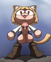 Rule 34 | 1futa, :3, absurdres, animal ears, blonde hair, boots, cat ears, cat girl, cat tail, from below, futanari, highres, lankykonga, large penis, large testicles, looking at viewer, looking down, melty blood, neco-arc, penis, perspective, pov, red eyes, skirt, sky, solo, tail, testicles, threatening, tongue, tongue out, tsukihime
