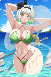 Rule 34 | 1girl, absurdres, armpits, arms up, bikini, black hairband, blush, breasts, cleavage, colored inner hair, day, ghost, green bikini, green eyes, green hair, hairband, highres, hossy, katana, konpaku youmu, konpaku youmu (ghost), large breasts, light green hair, looking at viewer, multi-strapped bikini, multicolored hair, navel, ocean, open mouth, outdoors, scabbard, sheath, shiny skin, short hair, solo, swimsuit, sword, thighs, touhou, weapon, wet