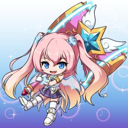 Rule 34 | 1girl, :d, angelic buster, bare shoulders, bishie sparkle, blue background, blue eyes, boots, brown hair, commentary request, fang, full body, gloves, glowing, gradient background, gradient hair, hair between eyes, hair ornament, hammer, holding, holding hammer, long hair, looking at viewer, maplestory, multicolored hair, nekono rin, open mouth, pink hair, pleated skirt, purple background, purple skirt, shirt, skirt, sleeveless, sleeveless shirt, smile, solo, sparkle background, star (symbol), thighhighs, thighhighs under boots, transparent wings, two-handed, two side up, very long hair, white footwear, white gloves, white shirt, white thighhighs