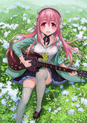 Rule 34 | 1girl, blush, breasts, electric guitar, field, flower, flower field, guitar, headphones, highres, instrument, lain1, large breasts, long hair, looking at viewer, nitroplus, open mouth, pink eyes, pink hair, playing instrument, skirt, solo, super sonico, thighhighs