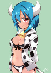 Rule 34 | 1girl, absurdres, animal print, bell, bikini, blue hair, blush, breasts, closed mouth, collar, cow girl, cow horns, cow print, cow tail, fang, female focus, highres, horns, jashin-chan dropkick, large breasts, looking at viewer, minos (jashin-chan dropkick), navel, neck bell, red eyes, short hair, smile, solo, swimsuit, tail, tan, yuuki shushu
