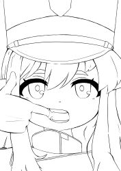 Rule 34 | 1girl, absurdres, blue archive, fang, finger in own mouth, fukuto kase, hair between eyes, hat, highres, hikari (blue archive), long hair, looking at viewer, monochrome, open mouth, sidelocks, sketch, teeth, white theme