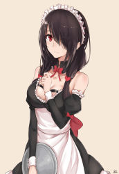 Rule 34 | 1girl, absurdres, apron, bare shoulders, black dress, black hair, bow, breasts, cleavage, closed mouth, commentary request, date a live, detached collar, detached sleeves, dress, hair ornament, hair over one eye, heart, heart hair ornament, highres, holding, holding tray, light smile, long hair, looking at viewer, low twintails, maid, maid apron, maid headdress, medium breasts, red bow, red eyes, smile, solo, tokisaki kurumi, tray, twintails, unique (pixiv12704744), waist apron