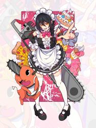 Rule 34 | absurdres, apron, artist name, aryi077, black footwear, black hair, bow, bowtie, breasts, cake, chainsaw, chainsaw man, chocolate, colored skin, cup, detached sleeves, drinking straw, fangs, food, frills, fruit, hair between eyes, high heels, highres, long hair, looking at viewer, low-tied long hair, maid apron, maid headdress, medium breasts, nayuta (chainsaw man), open mouth, orange eyes, orange skin, pink background, pink bow, pink bowtie, pizza, pochita (chainsaw man), pointing, ringed eyes, strawberry, teeth, thighhighs, tongue, tongue out, white thighhighs, zoom layer