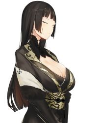 Rule 34 | 112san, 1girl, black hair, black kimono, blunt bangs, breasts, cleavage, closed eyes, final fantasy, final fantasy xv, gentiana, highres, hime cut, japanese clothes, kimono, large breasts, long hair, obi, sash, simple background, solo, upper body, white background
