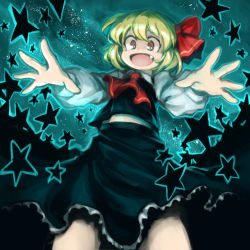 Rule 34 | 1girl, :d, bad id, bad pixiv id, black skirt, black vest, blonde hair, dress, fang, frilled skirt, frills, graphite (medium), hair between eyes, long sleeves, mizuno (okn66), open mouth, outstretched arms, red eyes, red ribbon, ribbon, rumia, shaded face, shirt, short hair, skirt, smile, solo, star (symbol), starry background, touhou, traditional media, vest, white sleeves
