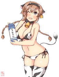 Rule 34 | 1girl, alternate costume, animal ears, animal print, artist logo, bell, bikini, black headwear, braid, breasts, cow ears, cow girl, cow horns, cow print, cow tail, cowbell, cowboy shot, dated, ear tag, fake horns, front-tie top, grey eyes, highres, horns, kanon (kurogane knights), kantai collection, large breasts, light brown hair, long hair, looking at viewer, milk carton, navel, neck bell, one-hour drawing challenge, one eye closed, open mouth, print bikini, print thighhighs, side-tie bikini bottom, simple background, smile, solo, standing, swimsuit, tail, teruzuki (kancolle), thighhighs, twin braids, white background