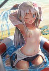 Rule 34 | 10s, 1girl, ;d, armpits, arms behind head, arms up, bare shoulders, beach, blue eyes, blush, bottle, clothes pull, collarbone, convenient censoring, day, eyebrows, fang, flip-flops, flower, hair censor, hair flower, hair ornament, hair over breasts, higejii, highres, in water, kantai collection, kneeling, lifebuoy, long hair, looking at viewer, navel, one-piece swimsuit, one-piece swimsuit pull, one-piece tan, one eye closed, open mouth, outdoors, partially submerged, pouring, ro-500 (kancolle), sand, sandals, school swimsuit, shade, silver hair, smile, solo, swim ring, swimsuit, tan, tanline, undressing, unworn sandals, water, water bottle, wet