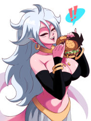 Rule 34 | !, 1girl, android 21, black tube top, breasts, burger, cleavage, colored skin, dragon ball, dragon ball fighterz, earrings, eating, food, food on body, food on breasts, hair between eyes, highres, jewelry, large breasts, long hair, majin android 21, midriff, navel, neck ring, pink skin, pointy ears, red eyes, ring, solo, strapless, tail, teeth, tina fate, tube top, upper teeth only, white background, white hair