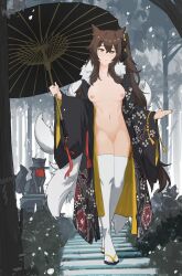 Rule 34 | 1girl, animal ears, breasts, brown eyes, brown hair, cleft of venus, commission, fox ears, fox tail, full body, fur trim, girls&#039; frontline, hair between eyes, highres, japanese clothes, kimono, long hair, medium breasts, multiple tails, navel, nipples, official alternate costume, oil-paper umbrella, partially undressed, pussy, scar, scar across eye, second-party source, side ponytail, smile, solo, tail, thighhighs, umbrella, ump45 (girls&#039; frontline), ump45 (lonely traveler of eternity) (girls&#039; frontline), variasii, very long hair, wide sleeves