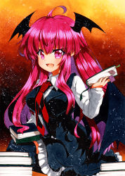 Rule 34 | 1girl, :d, ahoge, bad id, bad pixiv id, bat wings, black skirt, black vest, book, book stack, bookmark, breasts, commentary request, cowboy shot, dress shirt, fang, frilled skirt, frills, gradient background, head wings, holding, holding book, koakuma, leg up, light particles, long hair, long sleeves, looking at viewer, low wings, medium breasts, necktie, open mouth, pink eyes, qqqrinkappp, red hair, red neckwear, shirt, sidelocks, simple background, skin fang, skirt, skirt set, smile, thighhighs, touhou, traditional media, very long hair, vest, white shirt, wings