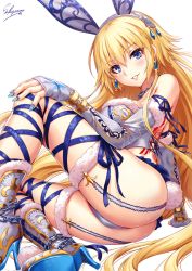 Rule 34 | 1girl, animal ears, ass, back tattoo, bare shoulders, blonde hair, blue eyes, blue nails, blue ribbon, blush, boots, bracelet, breasts, bridal gauntlets, chain, commentary request, crop top, earrings, fate/apocrypha, fate (series), fingerless gloves, fur trim, garter straps, gloves, grey panties, hair between eyes, headpiece, high heel boots, high heels, highres, hip focus, jeanne d&#039;arc (fate), jeanne d&#039;arc (ruler) (fate), jewelry, knee boots, large breasts, long hair, looking at viewer, nail polish, necklace, panties, parted lips, rabbit ears, ribbon, sakiyamama, signature, simple background, smile, solo, sparkle, tattoo, thighs, underwear, very long hair, white background