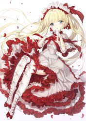 Rule 34 | 1girl, bad id, bad pixiv id, blonde hair, blue eyes, blunt bangs, blush, bow, capelet, dress, frilled dress, frills, full body, garter straps, gloves, grey dress, grey footwear, hands up, haruri, highres, invisible chair, layered dress, long hair, original, petals, red bow, sitting, solo, thighhighs, twintails, very long hair, white capelet, white gloves, white thighhighs