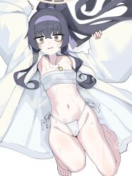 Rule 34 | 1girl, absurdres, armpits, bags under eyes, barefoot, black eyes, black hair, blue archive, blush, breasts, chest sarashi, collarbone, full body, fundoshi, halo, highres, japanese clothes, jewelry, kilabo, long hair, open mouth, pendant, sarashi, simple background, small breasts, solo, ui (blue archive), white background, yellow halo