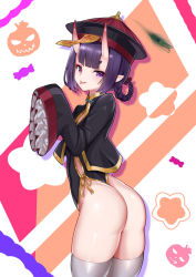 Rule 34 | 1girl, ass, black dress, bow, braid, commentary request, dress, fang, fate/grand order, fate (series), grey thighhighs, hair bow, halloween, hands up, hat, highres, horns, jack-o&#039;-lantern, jiangshi, long sleeves, mo ying yu, ofuda, oni, parted lips, purple eyes, purple hair, qingdai guanmao, red bow, red hat, short dress, short eyebrows, shuten douji (fate), shuten douji (festival outfit) (fate), skin-covered horns, skindentation, sleeves past fingers, sleeves past wrists, solo, star (symbol), thick eyebrows, thighhighs, tongue, tongue out, wide sleeves