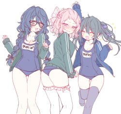 Rule 34 | 3girls, aoba tsumugi, black bow, black hair, black thighhighs, blue hair, blue jacket, blue one-piece swimsuit, blush, bow, closed mouth, double bun, embarrassed, ensemble stars!, floral print, floral print bow, genderswap, genderswap (mtf), glasses, green eyes, green jacket, hair bow, hair bun, itsuki shu, jacket, kagehira mika, long hair, looking at another, looking at viewer, looking back, mamama ri, multicolored bow, multicolored hair, multiple girls, one-piece swimsuit, open mouth, pink bow, pink hair, purple bow, purple eyes, short hair, sparkle, swimsuit, thighhighs, twintails, white background, white bow, white thighhighs