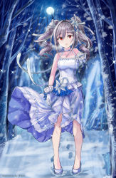Rule 34 | 1girl, bare tree, breasts, commentary request, dress, drill hair, full body, full moon, gloves, highres, hmax, idolmaster, idolmaster cinderella girls, idolmaster cinderella girls starlight stage, kanzaki ranko, long hair, medium breasts, moon, red eyes, silver hair, sketch, snow, solo, tree, twin drills, twintails, white dress, white gloves