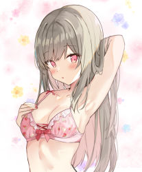 Rule 34 | 1girl, :o, absurdres, arm behind head, arm up, armpits, bare arms, bare shoulders, blue flower, blush, bow, bow bra, bra, breasts, cleavage, collarbone, commentary request, floral background, flower, grey hair, highres, long hair, looking at viewer, multicolored hair, original, parted lips, pink bra, pink eyes, pink flower, pink hair, saeki sora, small breasts, solo, strawberry bra, two-tone hair, underwear, underwear only, upper body, very long hair, yellow flower