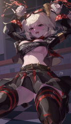 1girl absurdres belt black_belt black_jacket black_skirt black_thighhighs blonde_hair blush breasts burnice_white eyewear_on_head feibai floor full_body hair_between_eyes highres indoors jacket large_breasts long_hair looking_at_viewer midriff open_clothes open_jacket open_mouth red-tinted_eyewear red_eyes shadow sidelocks skirt solo spiked_belt sunglasses teeth thighhighs tinted_eyewear underboob upper_teeth_only variant_set zenless_zone_zero