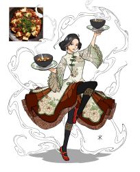Rule 34 | 1girl, action, apoloniodraws, arms up, black hair, black pantyhose, boiling, bowl, china dress, chinese clothes, dress, food, highres, holding, holding plate, leg lift, lipstick, looking at viewer, makeup, mapo tofu, mole, mole under eye, pantyhose, personification, plate, real life insert, red footwear, short hair, simple background, solo, standing, standing on one leg, steam, white background, wide sleeves