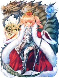 Rule 34 | 1girl, armor, ayachi pbw, blonde hair, brown eyes, crown, dragon, eastern dragon, full body, fur trim, greaves, holding, holding staff, invisible chair, kerberos blade, looking at viewer, magic circle, official art, red robe, robe, short twintails, sidelocks, sitting, staff, twintails, white legwear, wide sleeves