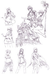 Rule 34 | 1boy, 6+girls, absurdres, animal ears, armor, armpits, back, breasts, castle, cleavage, flower, greyscale, hair flower, hair ornament, highres, knife, large breasts, long hair, looking back, midriff, monochrome, multiple girls, short hair, staff, sword, tail, thighhighs, twintails, underboob, weapon, wild flower, yamashita shun&#039;ya