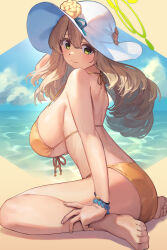 Rule 34 | 1girl, absurdres, bikini, blue archive, blush, bracelet, breasts, front-tie bikini top, front-tie top, green eyes, halo, hat, highres, huge breasts, jewelry, light brown hair, light smile, looking at viewer, looking to the side, nonomi (blue archive), nonomi (swimsuit) (blue archive), official alternate costume, sitting, solo, string bikini, sun hat, swimsuit, toes, ubo (ubo tales), wariza, white hat, yellow bikini