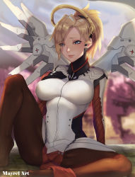 Rule 34 | 1girl, absurdres, arm support, armor, artist name, blonde hair, blue eyes, blurry, blurry background, bodysuit, breasts, brown pantyhose, cherry blossoms, eyes visible through hair, faulds, halo, hand on own chest, high ponytail, highres, large breasts, leaning back, leg up, light smile, looking at viewer, mayrel, md5 mismatch, mechanical halo, mechanical wings, mercy (overwatch), no shoes, outdoors, overwatch, overwatch 1, pantyhose, pelvic curtain, signature, sitting, solo, spread legs, wings