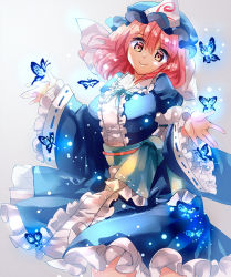 Rule 34 | 1girl, \||/, blue dress, blue kimono, bug, butterfly, cowboy shot, dress, frilled kimono, frilled sleeves, frills, glowing butterfly, hat, head tilt, bug, japanese clothes, kimono, light particles, long sleeves, looking at viewer, mob cap, nagare, obi, pink eyes, pink hair, saigyouji yuyuko, sash, short hair, shrugging, simple background, smile, solo, touhou, triangular headpiece, veil, wide sleeves, wing collar