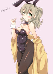 Rule 34 | 1girl, alternate costume, animal ears, bare shoulders, black bow, black bowtie, black leotard, black pantyhose, blush, bow, bowtie, breasts, cleavage, detached collar, drill hair, fake animal ears, feet out of frame, female focus, green eyes, grey hair, hair between eyes, hair ornament, hair ribbon, hand up, hatakaze (kancolle), highres, kantai collection, leotard, long hair, looking at viewer, medium breasts, off shoulder, pantyhose, parted lips, pink background, playboy bunny, ponytail, rabbit ears, rabbit tail, red ribbon, ribbon, robe, sangue llia, simple background, solo, standing, strapless, strapless leotard, tail, twin drills, twitter username, wrist cuffs, yellow robe