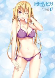 Rule 34 | 10s, 1girl, ;p, bikini, blue background, breasts, cleavage, contrapposto, cowboy shot, gluteal fold, hair between eyes, halterneck, hand in own hair, hand on own thigh, highres, large breasts, lieselotte sherlock, long hair, looking at viewer, nao akinari, navel, one eye closed, purple bikini, side-tie bikini bottom, simple background, solo, standing, swimsuit, tongue, tongue out, trinity seven, twintails