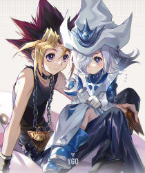 Rule 34 | 1boy, 1girl, artist name, blue eyes, boots, card, collarbone, dress, duel monster, dyed bangs, ekita kuro, gloves, hair over one eye, hat, highres, holding, holding card, long hair, muto yugi, silent magician, silent magician lv4, silver hair, sitting, smile, spiked hair, staff, wand, witch hat, wizard hat, yu-gi-oh!