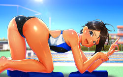 Rule 34 | 1girl, all fours, ass, back cutout, black hair, black one-piece swimsuit, blue sky, blurry, blurry background, brown eyes, clear sky, clothing cutout, commentary request, competition swimsuit, crotch seam, day, depth of field, highres, kilesha, looking at viewer, mole, mole under eye, one-piece swimsuit, open mouth, original, outdoors, penetration gesture, short hair, skindentation, sky, smile, solo, swept bangs, swimsuit, tan, wet