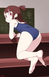 Rule 34 | 1girl, absurdres, ass, brown hair, classroom, feet, from behind, highres, kagari atsuko, little witch academia, long hair, looking back, once 11h, red eyes, soles, swimsuit, toes