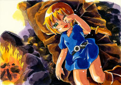 Rule 34 | 1girl, blonde hair, child, hoshino fuuta, looking at viewer, open mouth, shiny skin, short hair, solo, sword, weapon