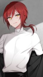 Rule 34 | 1boy, absurdres, asymmetrical hair, closed mouth, commentary request, ensemble stars!, highres, li (rkce2433), long sleeves, looking at viewer, male focus, multicolored hair, red hair, sakasaki natsume, short hair, solo, streaked hair, sweater, tongue, tongue out, turtleneck, turtleneck sweater, two-tone hair, upper body, white hair, white sweater, yellow eyes