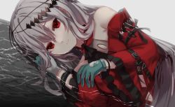 Rule 34 | 1girl, arknights, armband, bad id, bad pixiv id, bare shoulders, closed mouth, crossed bangs, curled fingers, gloves, green gloves, grey hair, hair between eyes, hair ornament, long hair, looking at viewer, lying, navel, nemu raku kizoku (user exgk7444), official alternate costume, on side, red eyes, red shirt, shirt, simple background, skadi (arknights), skadi the corrupting heart (arknights), solo, upper body, water, white background, wide sleeves, wristband