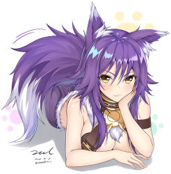 Rule 34 | 1girl, animal ear fluff, animal ears, arm strap, bare arms, bare shoulders, black shorts, breasts, cleavage, collar, dated, fang, fur trim, hair between eyes, hand up, head rest, large breasts, long hair, looking at viewer, lying, makoto (princess connect!), motion lines, on stomach, princess connect!, purple hair, shadow, shorts, signature, smile, solo, tail, twitter username, unel, v-shaped eyebrows, white background, yellow eyes