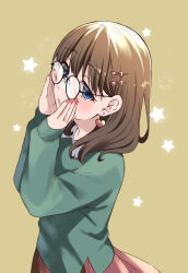 Rule 34 | 1girl, bespectacled, blue eyes, blush, brown hair, earrings, glasses, hair ornament, hairclip, heart, heart earrings, highres, idolmaster, idolmaster cinderella girls, jewelry, looking at viewer, medium hair, open mouth, round eyewear, sakuma mayu, skirt, solo, star (symbol), sweater, tottoto tomekichi, upper body