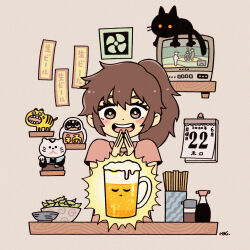 Rule 34 | 1girl, alcohol, beer, black cat, bowl, bright pupils, brown eyes, brown hair, calendar (object), cat, chopsticks, garouma, highres, long hair, open mouth, original, own hands together, ponytail, red shirt, shelf, shirt, short sleeves, smile, solo, soy sauce, television, tiger, upper body, white pupils