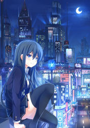 Rule 34 | 10s, 1girl, alternate hair color, billboard, black thighhighs, blue eyes, blue hair, blush, bow, building, city, city lights, cityscape, crescent moon, crosswalk, english text, highres, kantai collection, lamppost, legs, light, long hair, looking at viewer, love lab (manga), maki natsuo, moon, night, outdoors, pentagram, pleated skirt, radio antenna, rensouhou-chan, rizky (strated), road, runes, shimakaze (kancolle), sidewalk, sign, sitting, skirt, skyscraper, smile, solo focus, spotlight, star (symbol), street, swastika, thighhighs, traffic light, very long hair, window
