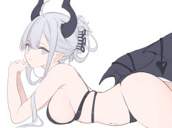 Rule 34 | 1girl, absurdres, ahoge, arm support, ass, bare arms, bare shoulders, bikini, black bikini, breasts, cowboy shot, demon girl, demon horns, demon tail, demon wings, from side, grey eyes, grey hair, hair tie, highres, horns, interlocked fingers, long hair, looking at viewer, looking to the side, low wings, lying, medium breasts, navel, nekojira, on stomach, original, parted lips, pointy ears, ponytail, sideboob, sidelocks, simple background, skindentation, solo, stomach, string bikini, swimsuit, tail, thea (nekojira), thighs, unfinished, white background, wings