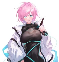 Rule 34 | 1girl, :p, absurdres, black leotard, blue eyes, breasts, closed mouth, commentary request, hand up, highres, holding, holding microphone, jacket, large breasts, leotard, long sleeves, microphone, nijisanji, open clothes, open jacket, pink hair, simple background, smile, solo, tongue, tongue out, upper body, virtual youtuber, white background, white jacket, yuki maccha (yukimattya10), yuuhi riri, yuuhi riri (4th costume)