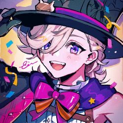 Rule 34 | 1boy, black gloves, black hat, blonde hair, blue cape, blush, bow, braid, cape, confetti, genshin impact, gloves, hat, highres, lyney (genshin impact), male focus, multicolored background, nopnop chan, open clothes, purple background, purple eyes, red bow, short hair, smile, solo, star (symbol), teardrop facial mark, teeth, top hat, yellow background